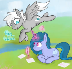 Size: 500x478 | Tagged: safe, artist:cottonsulk, oc, oc only, oc:beryl, oc:zephyr wing, pegasus, pony, unicorn, duo, magic, male, paper, quill, stallion, telekinesis