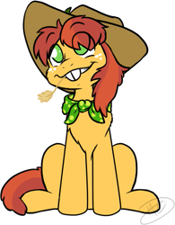 Size: 467x598 | Tagged: artist needed, safe, oc, oc only, oc:half-baked apple, pony, hat, male, simple background, sitting, solo, stallion, straw in mouth, white background