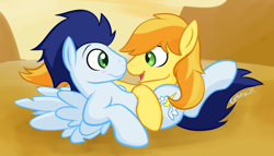 Size: 500x285 | Tagged: safe, artist:cottonsulk, braeburn, soarin', earth pony, pegasus, pony, g4, blushing, gay, looking at each other, looking at someone, lying down, male, nose to nose, on back, ship:soarburn, shipping, stallion