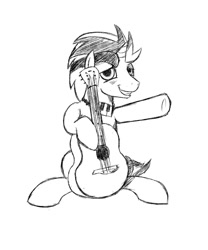 Size: 938x1125 | Tagged: safe, artist:cottonsulk, oc, oc only, oc:vocal score, pony, guitar, male, monochrome, musical instrument, simple background, solo, stallion, white background