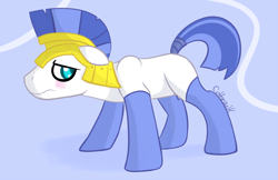 Size: 1000x648 | Tagged: safe, artist:cottonsulk, earth pony, pony, blushing, clothes, male, royal guard, socks, solo, stallion