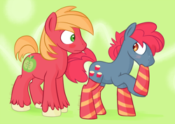 Size: 800x565 | Tagged: safe, artist:cottonsulk, apple split, big macintosh, earth pony, pony, g4, apple family member, clothes, duo, male, socks, stallion, striped socks