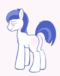 Size: 590x743 | Tagged: safe, artist:cottonsulk, earth pony, pony, blushing, butt, butt blush, dock, eyes closed, male, pink background, plot, royal guard, simple background, solo, stallion, tail