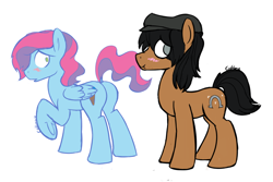 Size: 750x500 | Tagged: safe, artist:cottonsulk, oc, oc only, oc:double scoop, oc:shep, earth pony, pegasus, pony, blushing, butt, duo, looking away, male, plot, raised leg, scrunchy face, simple background, stallion, white background