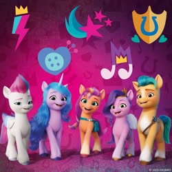 Size: 1080x1080 | Tagged: safe, hitch trailblazer, izzy moonbow, pipp petals, sunny starscout, zipp storm, earth pony, pegasus, pony, unicorn, g5, my little pony: a new generation, official, female, looking at you, male, mane five, mane stripe sunny, mare, open mouth, open smile, smiling, smiling at you, stallion