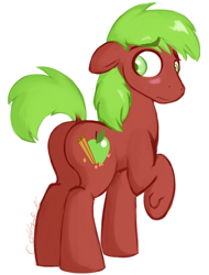 Size: 550x723 | Tagged: safe, artist:cottonsulk, apple cinnamon, pony, g4, blushing, butt, dock, looking back, male, plot, raised leg, simple background, solo, stallion, tail, white background