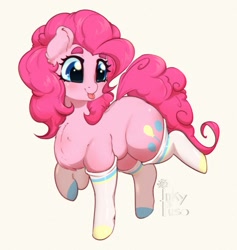 Size: 1000x1054 | Tagged: safe, artist:inkypuso, pinkie pie, earth pony, pony, g4, :p, chest fluff, chubby, clothes, cute, diapinkes, female, raised leg, simple background, socks, solo, tongue out, white background