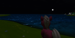 Size: 1366x697 | Tagged: safe, sprout cloverleaf, earth pony, pony, g5, 3d, male, moon, night, ocean, second life, solo, stallion, water