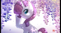 Size: 2000x1100 | Tagged: safe, artist:hosikawa, rarity, pony, unicorn, g4, female, flower, looking at you, looking back, looking back at you, mare, smiling, smiling at you, solo, underhoof