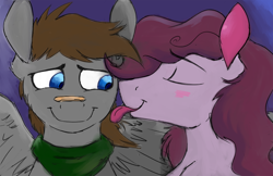 Size: 750x486 | Tagged: safe, artist:cottonsulk, oc, oc only, oc:cottonsulk, oc:fuselight, pony, blushing, duo, eyes closed, licking, male, stallion, tongue out