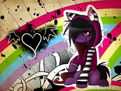 Size: 2000x1500 | Tagged: safe, artist:zeffdakilla, oc, oc:frankie fang, pegasus, pony, cat hoodie, clothes, emo, heart, hoodie, looking at you, male, rainbow, raised hoof, scene, scene kid, sitting, smiling, solo