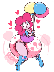 Size: 1664x2215 | Tagged: safe, artist:shslsadcat, pinkie pie, human, equestria girls, g4, balloon, boots, clothes, cutie mark diapers, diaper, diaper fetish, female, fetish, floating, floating heart, heart, high heel boots, looking back, non-baby in diaper, poofy diaper, shoes, simple background, skirt, solo, then watch her balloons lift her up to the sky, white background