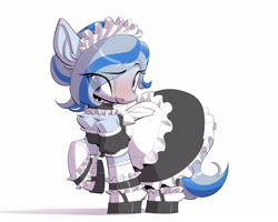Size: 2953x2362 | Tagged: safe, artist:castle bravo, oc, oc only, oc:yvonne.k waverhoof, earth pony, pony, choker, clothes, cuffs (clothes), dress, eye clipping through hair, female, high res, hoof shoes, maid, maid headdress, simple background, socks, solo, white background