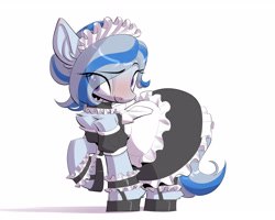 Size: 2953x2362 | Tagged: safe, alternate version, artist:castle bravo, oc, oc only, oc:yvonne.k waverhoof, earth pony, pony, choker, clothes, cuffs (clothes), dress, eye clipping through hair, female, high res, hoof shoes, maid, maid headdress, simple background, solo, white background