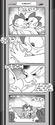 Size: 1451x3300 | Tagged: safe, artist:loreto-arts, pinkie pie, queen chrysalis, rarity, spike, dragon, comic:friendship is innuendo, comic:friendship is innuendo vol. 2, g4, broken horn, disguise, disguised changeling, female, horn, male, monochrome, pinkamena diane pie, ship:chryspike, shipping, spike gets all the mares, straight, this will end in pain and/or death, winged spike, wings