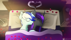 Size: 7680x4320 | Tagged: safe, artist:etheria galaxia, oc, oc only, oc:etheria galaxia, oc:scratch wub, alicorn, pony, unicorn, absurd resolution, alicorn oc, bed, bedroom, cuddling, cuddling in bed, curved horn, duo, holiday, horn, in bed, rose petals, ship:scratchtheria, shipping, unicorn oc, valentine's day