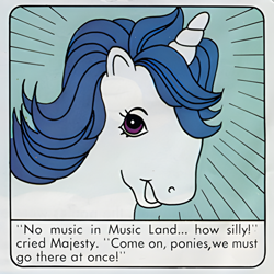 Size: 600x600 | Tagged: artist needed, safe, official comic, majesty, pony, unicorn, comic:my little pony (g1), g1, dialogue, female, mare, merry music, scan, solo, upscaled