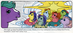 Size: 1240x570 | Tagged: artist needed, safe, official comic, backstroke, sea shimmer, sea star, seashell (g1), splasher, surf rider, tiny bubbles, earth pony, pony, sea pony, comic:my little pony (g1), g1, baby, baby sea ponies, bow, female, floaty, group, hair bow, mare, pool toy, scan, the wishing tree, upscaled