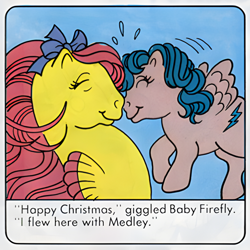 Size: 600x600 | Tagged: safe, official comic, baby firefly, seaspray (g1), pegasus, pony, sea pony, comic:my little pony (g1), g1, official, baby, baby pony, boop, bow, christmas, dialogue, duo, emanata, female, filly, flying, foal, hair bow, holiday, implied medley, scan, spread wings, the wishing tree, upscaled, wings