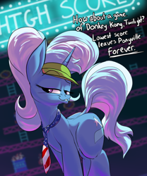Size: 1000x1200 | Tagged: safe, artist:rocket-lawnchair, trixie, pony, unicorn, g4, american flag, billy mitchell, dialogue, donkey kong, donkey kong (series), female, implied twilight sparkle, lidded eyes, mare, necktie, smiling, smirk, solo, video game, visor cap