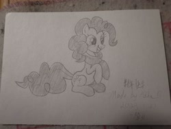 Size: 3648x2736 | Tagged: safe, artist:azhu, pinkie pie, earth pony, pony, g4, clothes, high res, raised hoof, scarf, sitting, smiling, solo, traditional art, winter