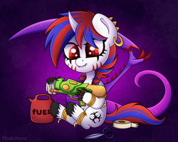 Size: 2064x1647 | Tagged: safe, artist:madelinne, oc, oc only, pony, unicorn, chibi, ear piercing, earring, fangs, fingers, flamethrower, gas can, gun, jewelry, piercing, scissors, sitting, solo, tape, tentacles, watergun, weapon