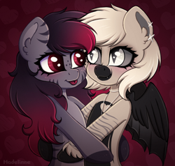 Size: 2170x2066 | Tagged: safe, artist:madelinne, oc, oc only, oc:devilvoice, oc:madelinne, bat pony, earth pony, pony, duo, high res, hug