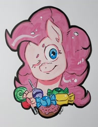 Size: 1577x2048 | Tagged: safe, artist:raph13th, pinkie pie, earth pony, pony, g4, bust, candy, female, food, mare, marker drawing, one eye closed, simple background, smiling, solo, traditional art, white background, wink