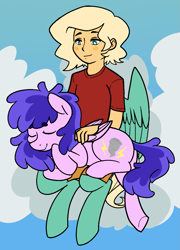 Size: 905x1257 | Tagged: safe, artist:/d/non, plumberry, oc, oc:gale, pegasus, pony, satyr, blonde, blushing, butt, canon x oc, clothes, cloud, duo, eyes closed, offspring, older, older plumberry, on a cloud, pants, parent:zephyr breeze, petting, plot, purple hair, shirt, sitting, sitting on a cloud, sitting on lap, sleeping, smiling