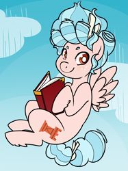 Size: 1247x1671 | Tagged: safe, artist:/d/non, cozy glow, pegasus, pony, g4, blushing, book, bow, cloud, cozybetes, cute, falling, freckles, looking at you, reading, smiling, solo, spread wings, wings
