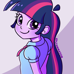 Size: 2000x2000 | Tagged: safe, artist:edgyanimator, derpibooru exclusive, twilight sparkle, human, equestria girls, g4, blushing, cel shading, clothes, cute, female, high res, hime cut, looking at you, looking back, looking back at you, purple background, purple eyes, purple hair, purple skin, shading, simple background, smiling, smiling at you, solo, twiabetes