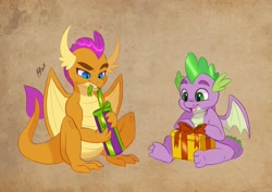 Size: 2048x1448 | Tagged: safe, artist:haruh_ink, smolder, spike, dragon, g4, cute, dragoness, duo, duo male and female, female, male, present, smolderbetes, spikabetes, winged spike, wings