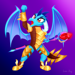 Size: 2500x2500 | Tagged: safe, artist:leonkay, princess ember, dragon, g4, armor, bloodstone scepter, dragon armor, dragon lord ember, dragoness, female, fist, gradient background, high res, raised arm, solo