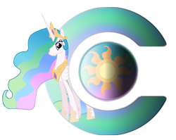 Size: 1403x1118 | Tagged: safe, anonymous artist, derpibooru exclusive, princess celestia, alicorn, pony, g4, c, celestia (program), cutie mark, female, logo, logo parody, mare, namesake, parody, photoshop, princess celestia's cutie mark, pun, simple background, solo, sun, transparent background, vector used, visual pun