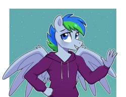 Size: 963x748 | Tagged: safe, artist:darkynez, oc, oc only, anthro, blushing, clothes, hoodie, looking at you, smiling, solo, spread wings, waving, wings