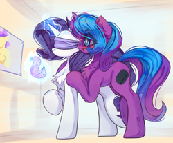 Size: 4096x3394 | Tagged: safe, artist:jfrxd, rarity, oc, oc:scribble script, pony, unicorn, g4, blindfold, chest fluff, commission, duo, duo female, female, glasses, glowing, glowing horn, high res, horn, magic, magic aura, pin the tail on the pony, telekinesis, unicorn oc