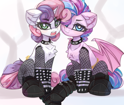 Size: 4096x3476 | Tagged: safe, artist:jfrxd, sweetie belle, oc, oc:sweetie swirl, bat pony, pony, unicorn, g4, bat pony oc, bat wings, blue eyes, boots, chest fluff, choker, commission, emo, eyebrows, eyebrows visible through hair, eyelashes, eyeliner, fangs, female, filly, fishnet stockings, foal, green eyes, lidded eyes, looking at you, makeup, open mouth, shoes, spiked choker, spiked wristband, tail, two toned mane, two toned tail, wings, wristband