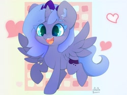 Size: 4000x3000 | Tagged: safe, artist:zokkili, princess luna, alicorn, pony, g4, beanbrows, crown, ear fluff, eyebrows, female, filly, foal, heart, high res, horn, jewelry, open mouth, open smile, raised hoof, raised leg, regalia, signature, smiling, solo, spread wings, wings, woona, younger