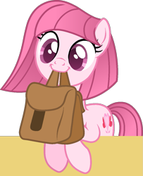 Size: 917x1131 | Tagged: safe, artist:muhammad yunus, artist:persephoneiabases, oc, oc only, oc:annisa trihapsari, earth pony, pony, bag, base used, cute, earth pony oc, female, looking down, mare, medibang paint, ocbetes, simple background, smiling, solo, to saddlebags and back again, transparent background, vector