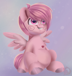 Size: 1948x2064 | Tagged: safe, artist:joaothejohn, oc, oc only, oc:cottoncandy, pegasus, pony, commission, cute, heart, hooves, looking up, pegasus oc, pink, simple background, sitting, smiling, wings