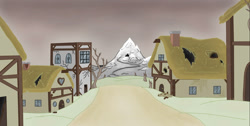 Size: 1645x828 | Tagged: safe, artist:nismorose, g4, abandoned, apocalypse, background, cave, end of the world, house, mountain, ponyville, red sky, snow
