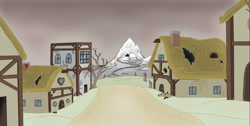 Size: 1645x828 | Tagged: safe, artist:nismorose, g4, abandoned, apocalypse, background, cave, cracks, end of the world, house, mountain, overcast, ponyville, red sky, snow