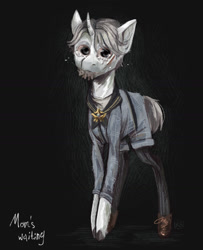 Size: 1327x1635 | Tagged: safe, artist:karamboll, pony, unicorn, aesop carl, bangs, clothes, crossover, crying, cut, foal, identity v, injured, skinny, solo, standing, tall, teary eyes, thin, toy