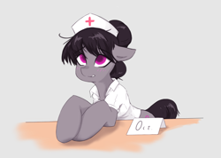 Size: 1080x769 | Tagged: safe, artist:cirtierest, octavia melody, earth pony, pony, g4, blushing, chest fluff, clothes, eyebrows, eyebrows visible through hair, floppy ears, hat, nurse, nurse hat, nurse outfit, simple background, solo