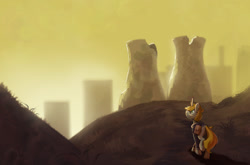 Size: 1515x1000 | Tagged: safe, artist:yarugreat, oc, oc only, oc:littlepip, pony, unicorn, fallout equestria, bag, clothes, cooling tower, factory, fog, hill, post-apocalyptic, saddle bag, yellow sky