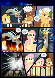Size: 3259x4607 | Tagged: safe, artist:estories, discord, fluttershy, oc, oc:alice goldenfeather, oc:fable, draconequus, earth pony, pegasus, pony, comic:nevermore, g4, ..., accidental innuendo, blushing, comic, crying, disappear, fire, glowing, glowing eyes, not what it looks like, onomatopoeia, open mouth, pegasus oc, question mark, red eyes, red eyes take warning, shipper on deck, sleeping, sound effects, speech bubble, we don't normally wear clothes