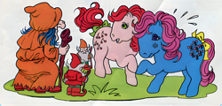 Size: 1040x500 | Tagged: artist needed, safe, official comic, bow tie (g1), cherries jubilee, earth pony, human, humanoid, pony, troll (fantasy), comic:my little pony (g1), g1, bow, emanata, female, male, mare, scan, tail, tail bow, the curious riddles, trio focus, unnamed character, upscaled, wanda the wicked witch, witch, witch wanda