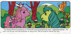 Size: 1240x600 | Tagged: artist needed, safe, official comic, lickety-split, tootsie, bird, earth pony, elf, pony, g1, my little pony vol. 1, my little pony vol. 1 #9, bow, dialogue, female, mare, scan, speckledy, tail, tail bow, the enchanted ice cream, trio, unnamed character, upscaled