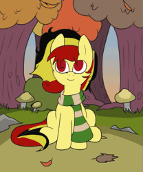 Size: 467x560 | Tagged: safe, artist:amateur-draw, oc, oc only, oc:chocolate sweets, earth pony, pony, animated, autumn, belgium, clothes, falling leaves, female, forest, forest background, gif, leaves, mare, mushroom, red eyes, scarf, solo, striped scarf, wind, windswept mane