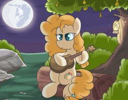 Size: 560x438 | Tagged: safe, artist:amateur-draw, pear butter, earth pony, pony, g4, acoustic guitar, animated, cottagecore, cutie mark, female, frame by frame, full moon, gif, guitar, lantern, mare, mare in the moon, moon, mother, musical instrument, pear tree, playing, scenery, sitting, solo, tree